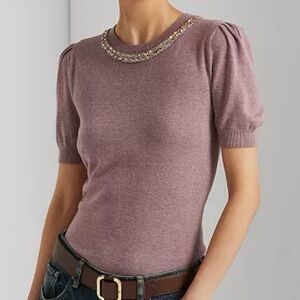 Lauren Ralph Lauren Beaded Short Sleeve Sweater Top Cotton Modal Mauve, Medium